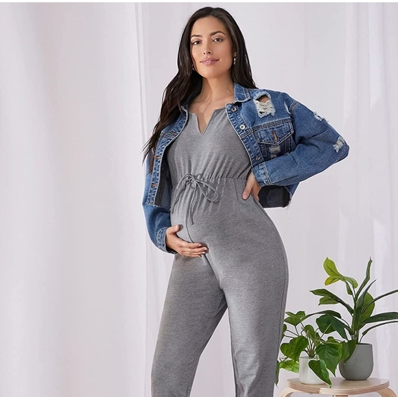 Pants - Maternity Sleeveless Drawstring Waist Overall Light Grey Small